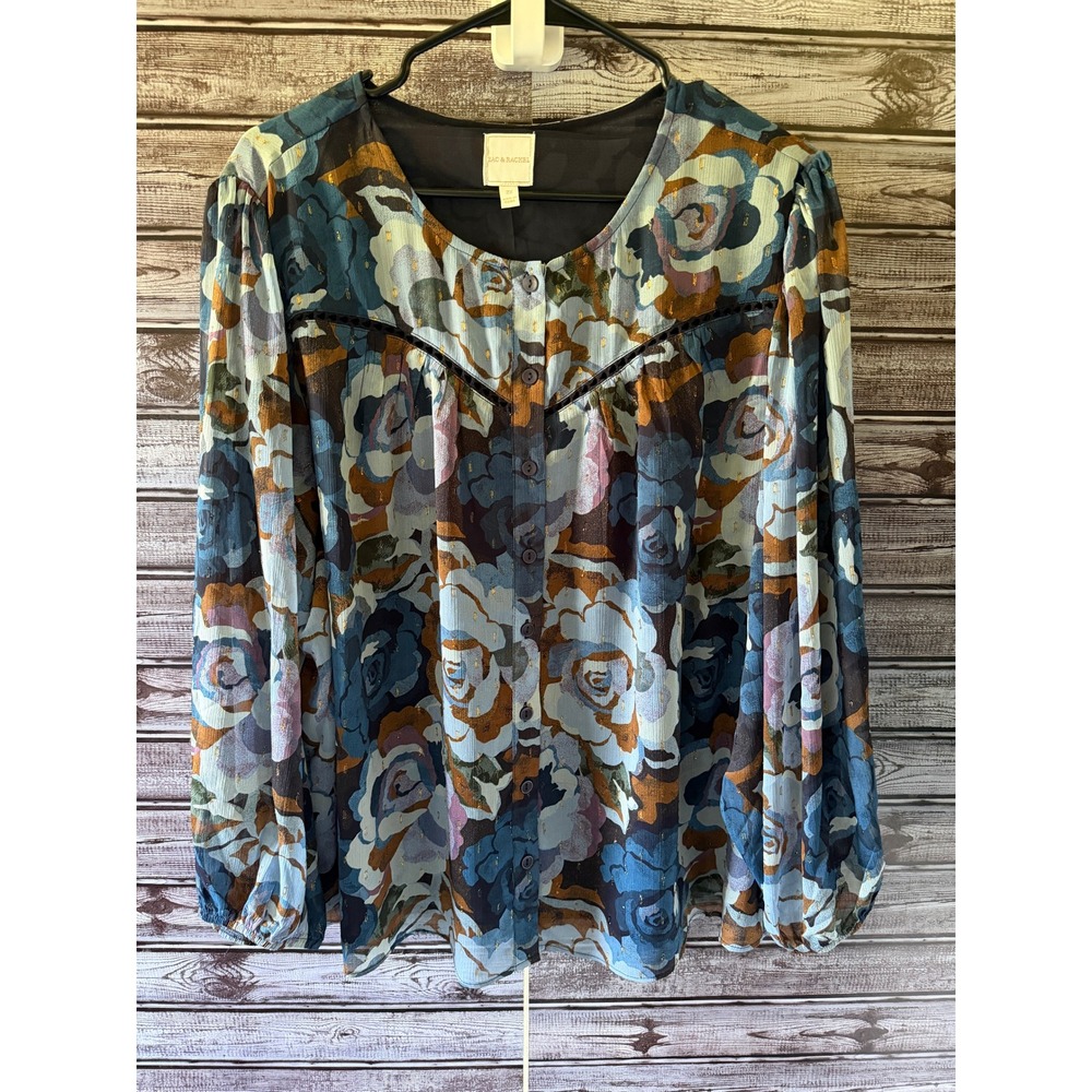 Zac & Rachel Women's Long-Sleeved Button-Down Blouse Size 2X Floral Metallic